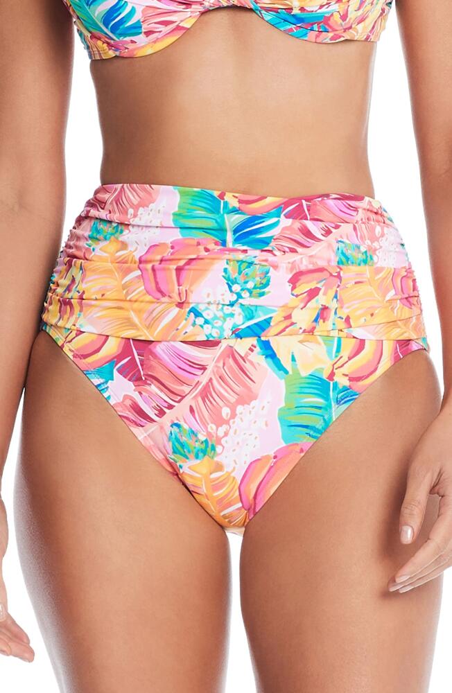 Rod Beattie Shirred High Waist Bikini Bottoms in Pink/Tropical Multi Cover