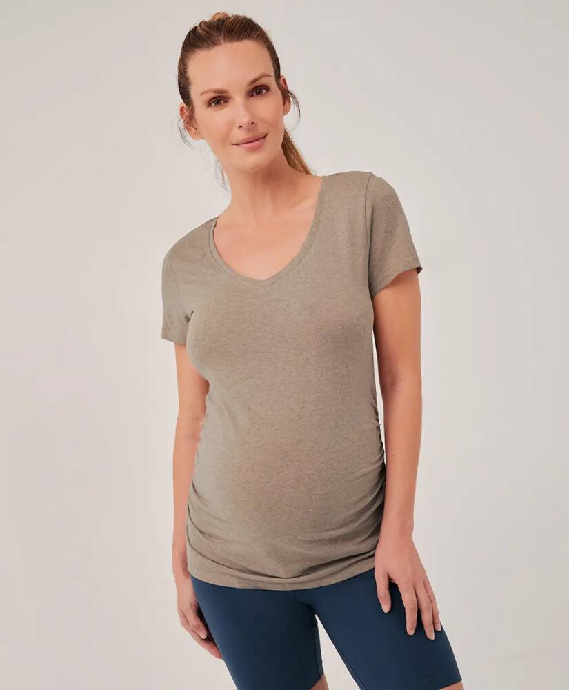 Pact Organic Maternity Ruched V-Neck Tee in Stucco Heather Cover