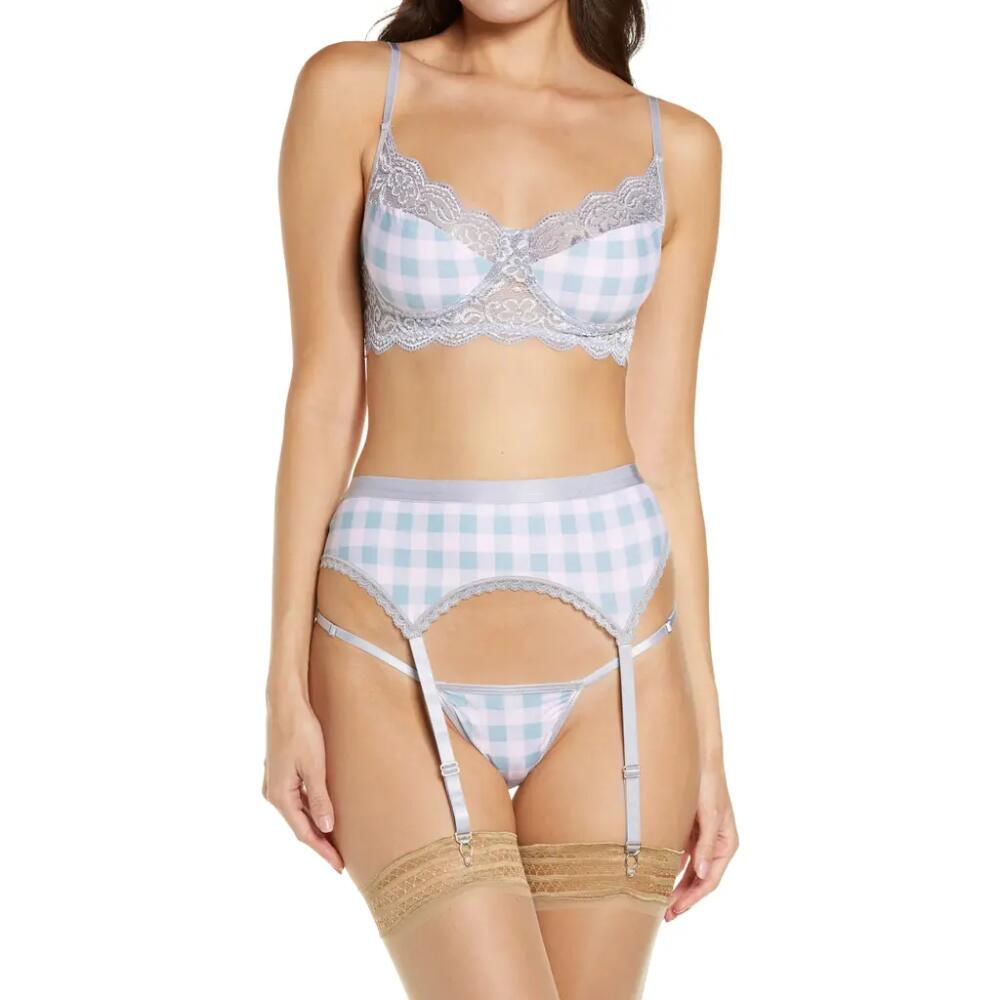 Coquette Gingham Underwire Bra, Garter Belt & G-String Set in Pink Cover