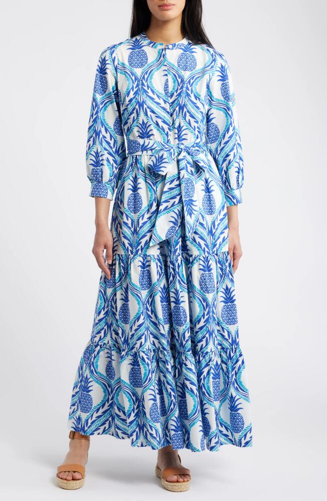 Boden Alba Long Sleeve Tiered Cotton Maxi Dress in Surf The Web Pineapple Wave Cover