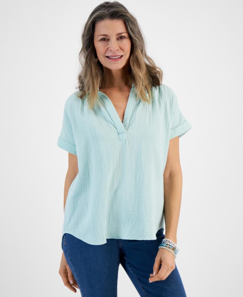 Style & Co Petite Cotton Short-Sleeve Camp Shirt, Created for Macy's - Minty Turq Cover