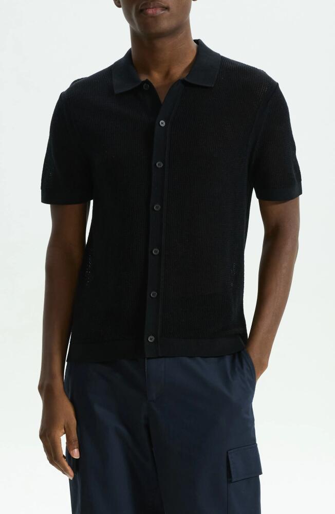 Theory Cairn Short Sleeve Button-Up Cotton Blend Sweater in Black Cover