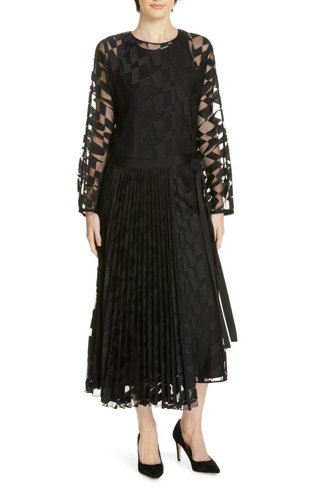 BOSS Dalace Pleat & Geo Print Midi Dress in Black Cover