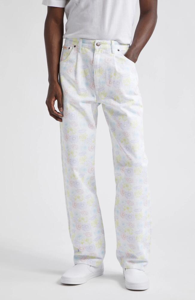 Noah Floral Print Pleated Straight Leg Jeans in Pastel Floral Cover