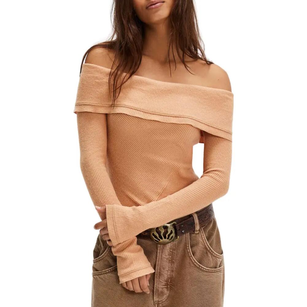 Free People Autumn Cozy Off the Shoulder Waffle Stitch Bodysuit in Toasted Cover