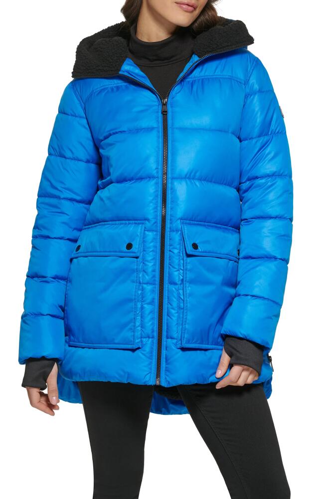 Kenneth Cole New York Faux Shearling Lined Hood Channel Quilted Puffer Parka Jacket in Aqua Cover