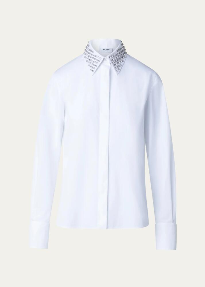 Akris punto Cotton Poplin Button-Front Blouse with Detachable Crystal and Studs Collar Cover