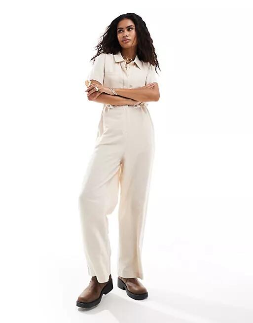 Reclaimed Vintage linen mix jumpsuit with drawstrings in neutral Cover