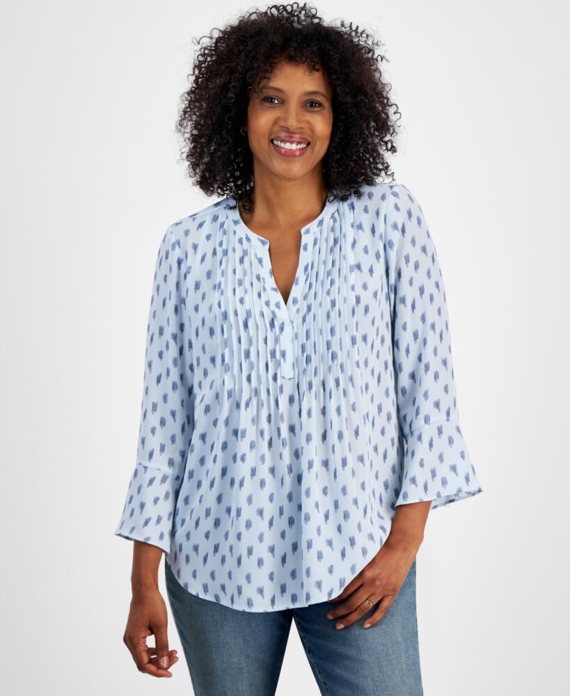 Style & Co Women's Printed Pintuck Ruffle Sleeve Top, Regular & Petite, Created for Macy's - Cool Dusk Block Cover