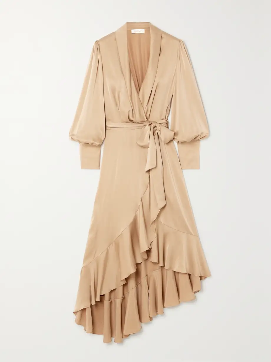 Zimmermann - Asymmetric Ruffled Duchesse Silk-satin Midi Wrap Dress - Neutrals Cover