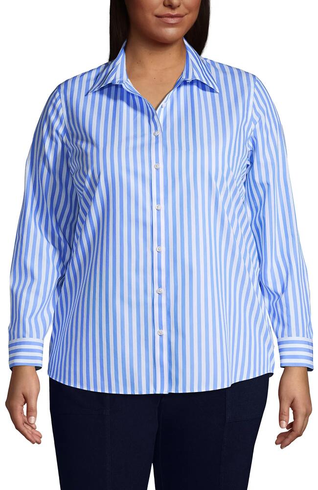 Lands' End Plus Size No Iron Button Front Shirt in Chicory Blue Stripe Cover