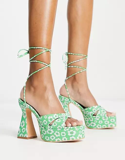 Daisy Street platform heeled sandals in green floral print Cover