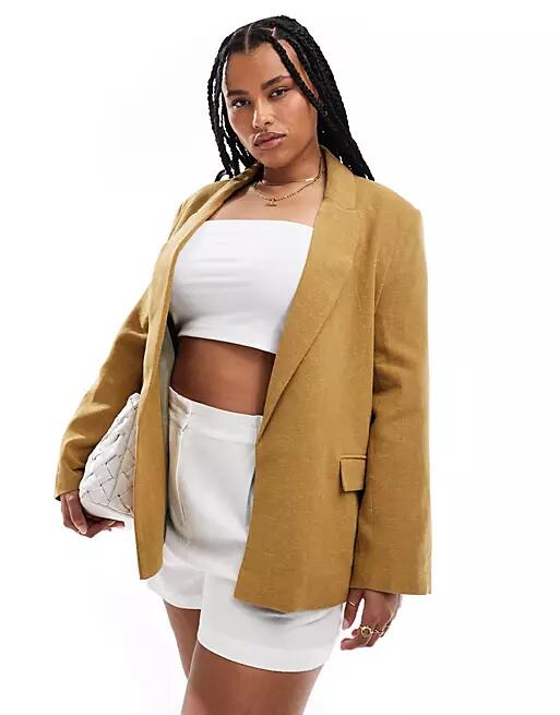 ASOS DESIGN Curve relaxed linen mix blazer in white-Green Cover