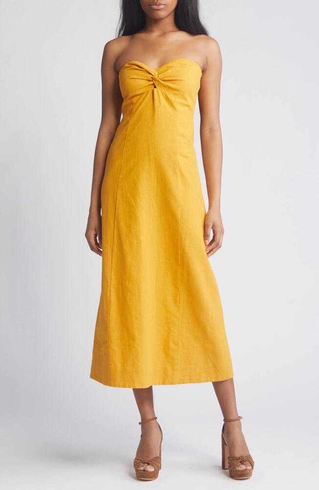 Lost + Wander Elia Strapless Linen & Cotton Midi Dress in Marigold Cover