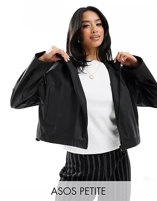 ASOS DESIGN Petite cropped rain jacket with hood in black Cover