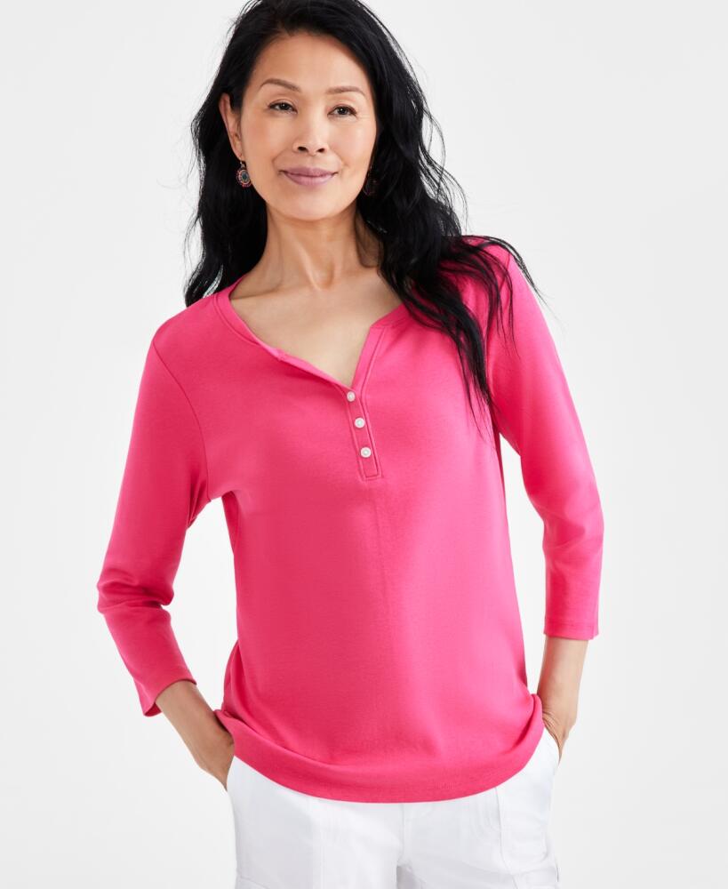 Style & Co Women's Cotton 3/4-Sleeve Henley Tee, Created for Macy's - Berry Sorbet Cover