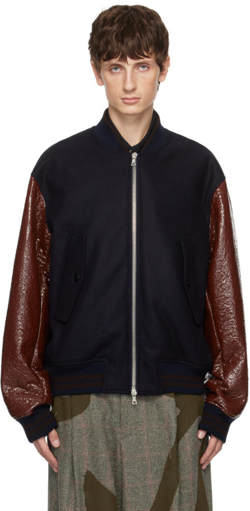 Dries Van Noten Navy Zip Faux-Leather Bomber Jacket Cover