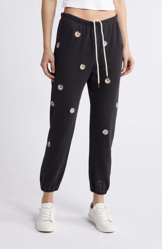 THE GREAT. The Stadium Daisy Embroidery Cotton Joggers in Almost Black Cover