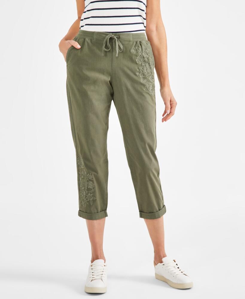 Style & Co Petite Floral-Embroidered Twill-Tape Pants, Created for Macy's - Oliva Cover