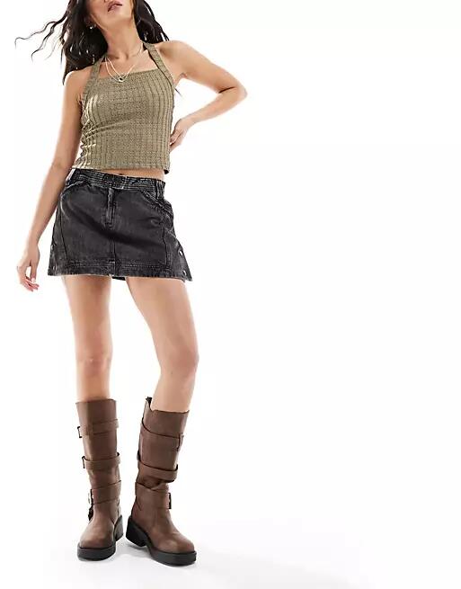 Reclaimed Vintage a-line denim mini skirt in washed charcoal-Gray Cover