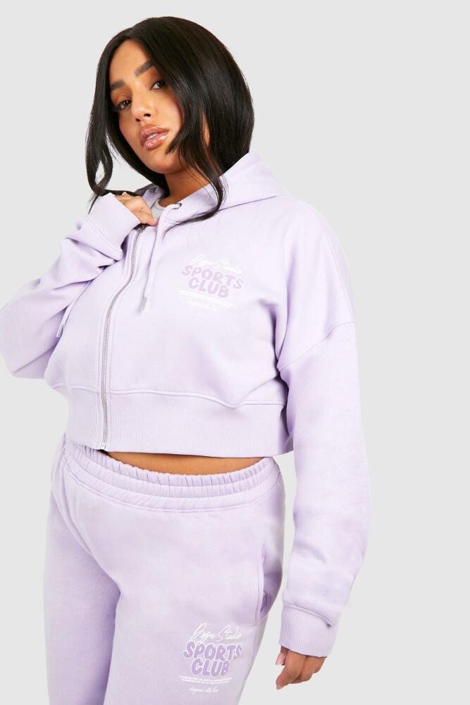 boohoo Womens Plus Dsgn Studio Sports Club Slogan Cropped Hoodie - Purple Cover