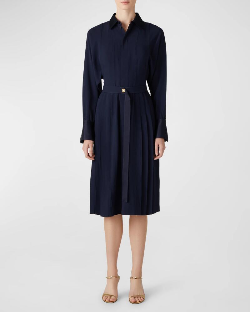 St. John Satin-Back Pleated Crepe Midi Shirtdress With Belt Cover