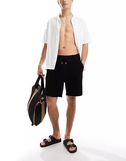 Pull & Bear waffle structured shorts in black Cover