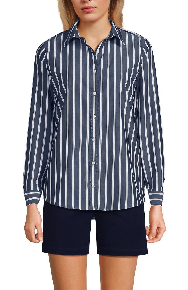 Lands' End No Iron Supima Cotton Long Sleeve Shirt in Navy/white Dual Stripe Cover