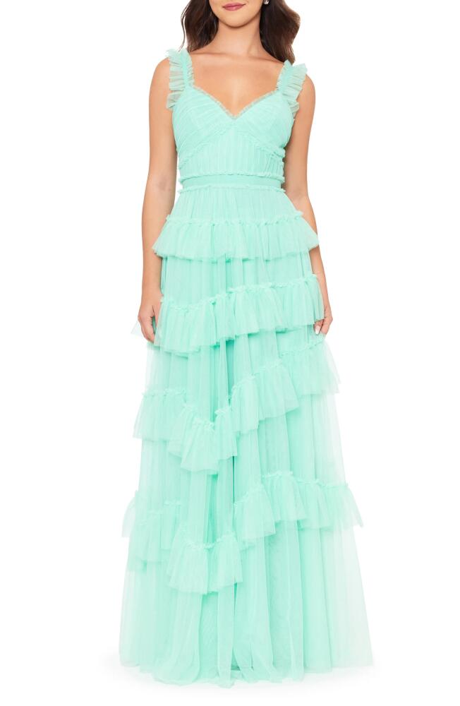 Betsy & Adam Tiered Ruffle Tulle Gown in Mint Cover