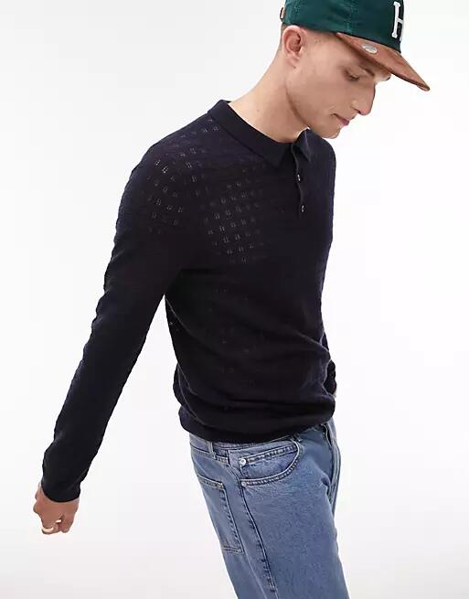 Topman textured knit long sleeve polo in navy Cover