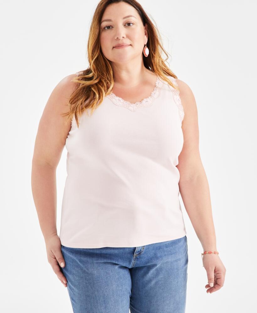 Style & Co Plus Size Lace-Trimmed Tank Top, Created for Macy's - Pink Lotus Cover