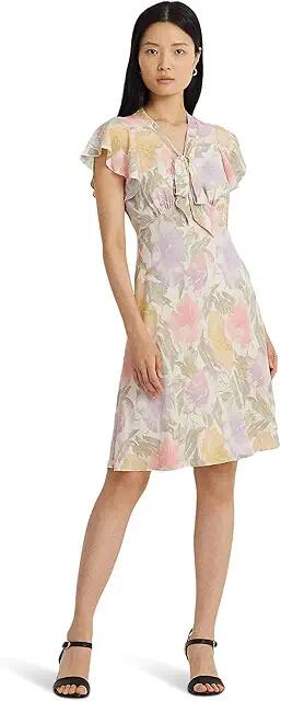 Lauren Ralph Lauren Floral Bubble Crepe Tie-Neck Dress (Cream Multi) Women's Dress Cover