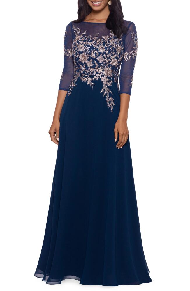 Betsy & Adam Metallic Embroidered Gown in Navy/Rose Cover