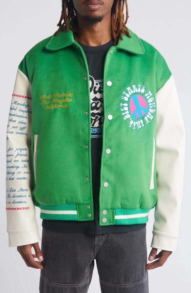 DIET STARTS MONDAY Arts District Wool Blend Varsity Jacket in Green/Cream Cover