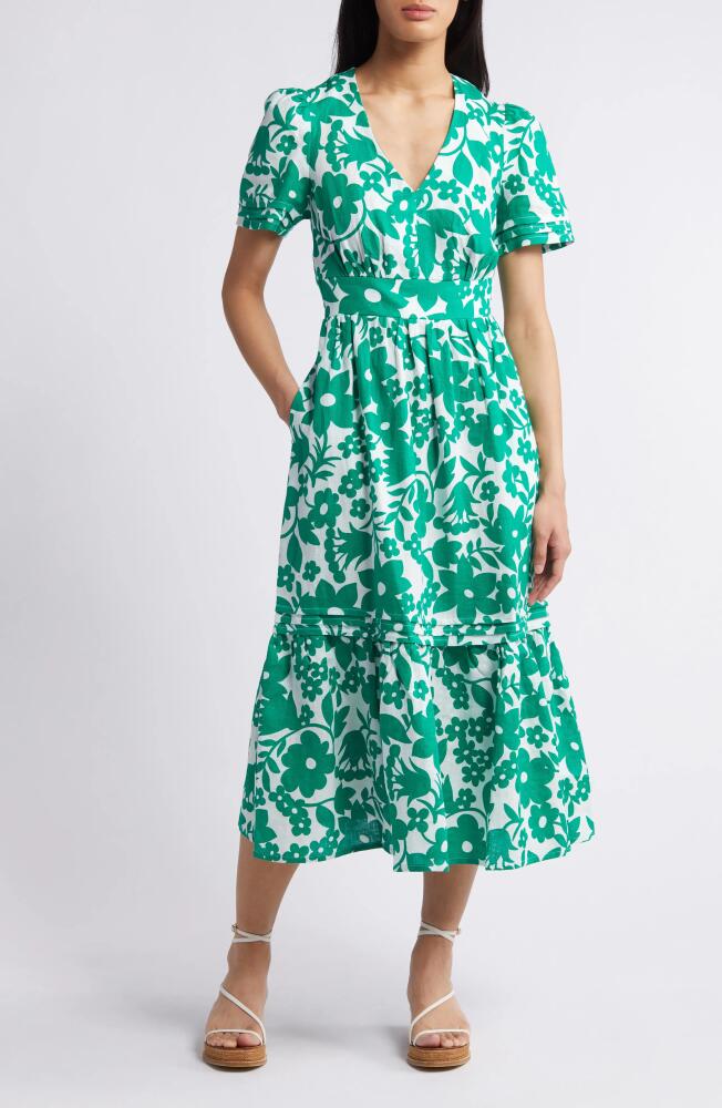 Boden Eve Linen Midi Dress in Green Tambourine Tulip Garden Cover