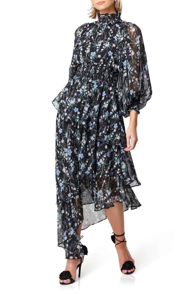 Elliatt Wistfully Floral Print Tiered Asymmetric Hem Dress in Black Multi Cover