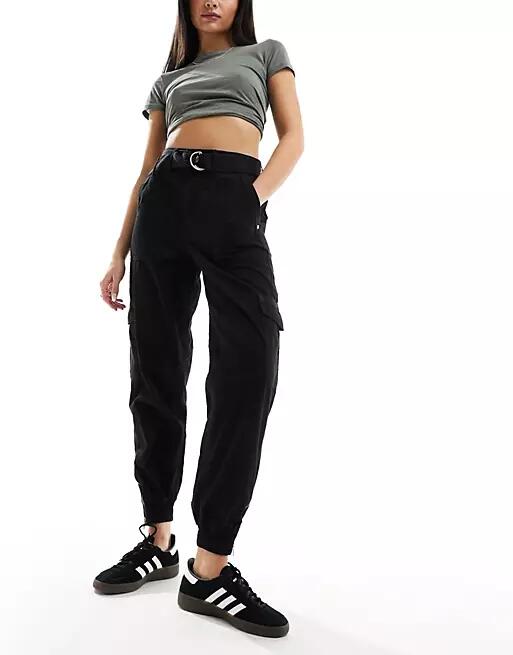 River Island belted cargo utility pants in black Cover