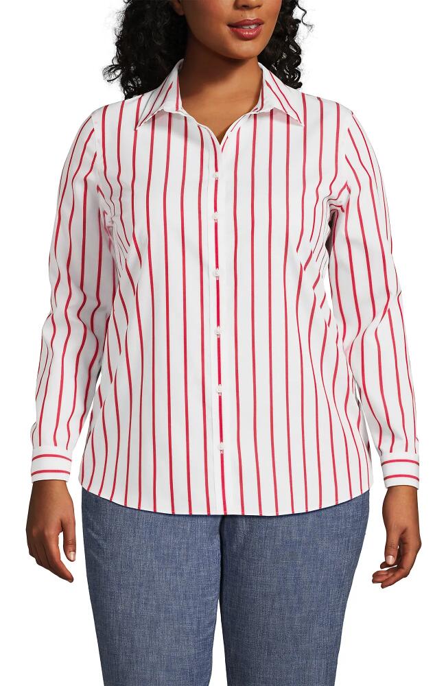 Lands' End Plus Size No Iron Button Front Shirt in Compass Red Wide Stripe Cover