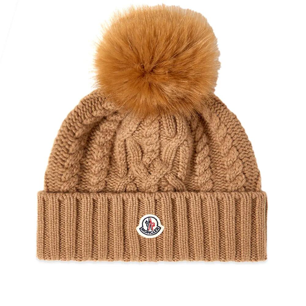 Moncler Women's Logo Beanie With Pom Pom in Beige Cover