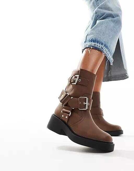 ASOS DESIGN Aim harness biker ankle boots in brown Cover