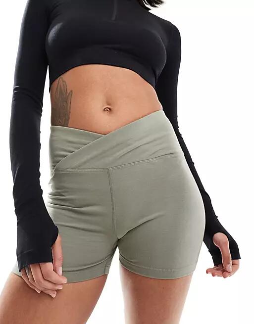 ASOS 4505 Icon booty shorts with wrap waist in cotton touch in olive green Cover