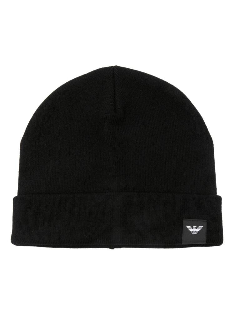 Emporio Armani logo-patch fine-knit beanie - Black Cover