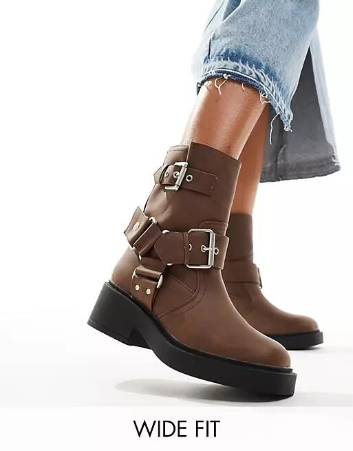 ASOS DESIGN Wide Fit Aim harness biker ankle boots in brown Cover