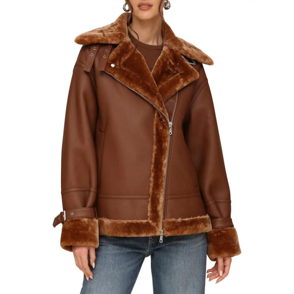 Avec Les Filles Oversize Faux Shearling Moto Jacket in Luggage Cover