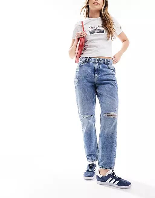 Noisy May Moni high waisted ripped straight leg jeans in mid wash-Blue Cover