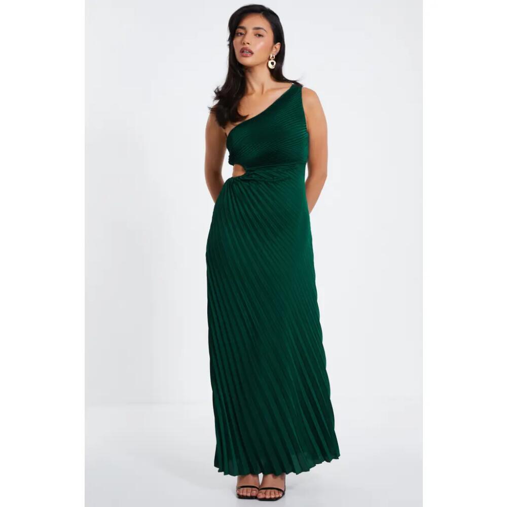 QUIZ Satin Pleated One Shoulder Maxi Dress in Bottle Green Cover