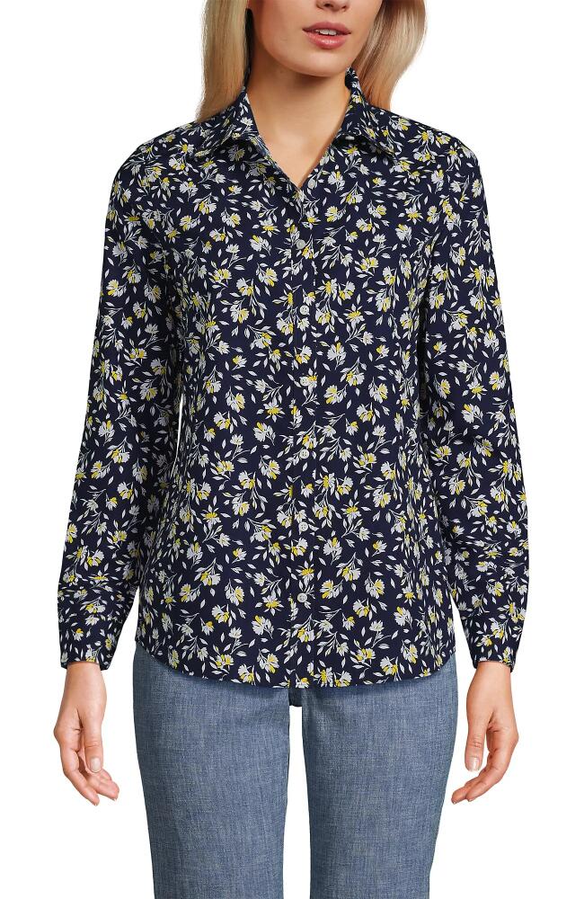 Lands' End No Iron Supima Cotton Long Sleeve Shirt in Deep Sea Navy Floral Cover