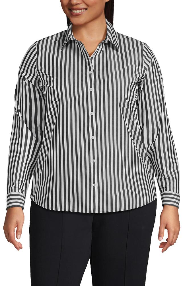 Lands' End Plus Size No Iron Button Front Shirt in Black/white Stripe Cover