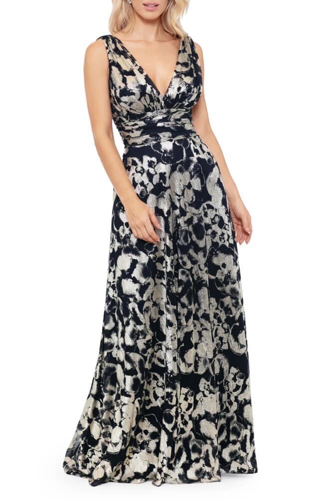 Betsy & Adam Foil Print Sleeveless Mesh Gown in Navy/Gold Cover