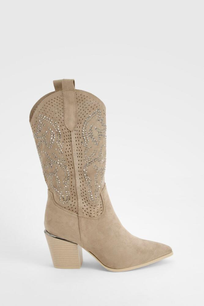 boohoo Womens Embellished Calf High Western Boots - Beige Cover